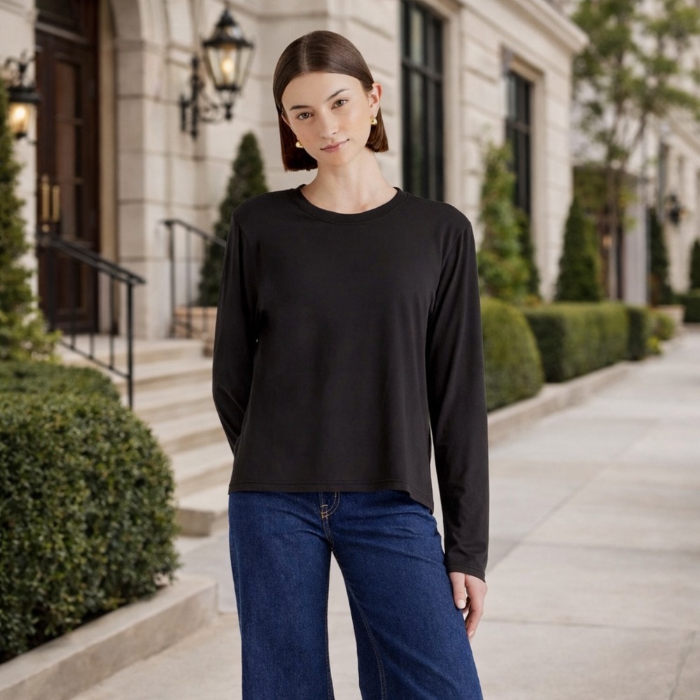 Quince Black Fitted Cotton Modal Relaxed Long Sleeve Tee in Small